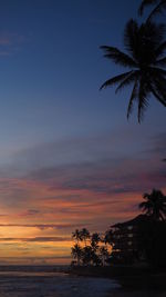 Silhouette palm trees against sea during sunset