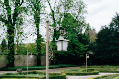 Close-up of street light against trees in park