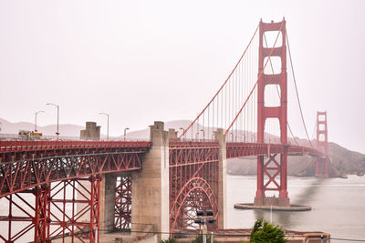 Golden gate bridge in city against clear sky