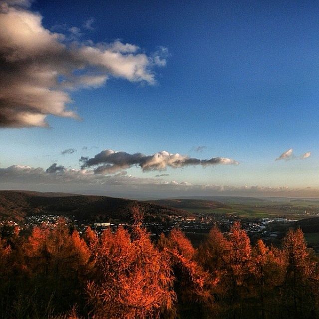 sky, scenics, beauty in nature, mountain, tree, tranquil scene, landscape, tranquility, nature, cloud - sky, blue, idyllic, mountain range, high angle view, outdoors, no people, growth, cloud, sunset, orange color