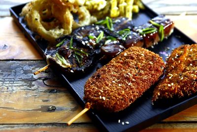 High angle view of meat served in plate on table