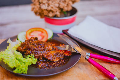 High angle view of food in plate on table