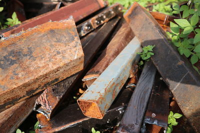 High angle view of old rusty metal