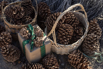 High angle view of vegetables in basket for sale at market