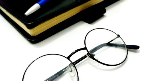 High angle view of eyeglasses on table