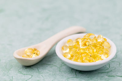 High angle view of pasta in bowl on table