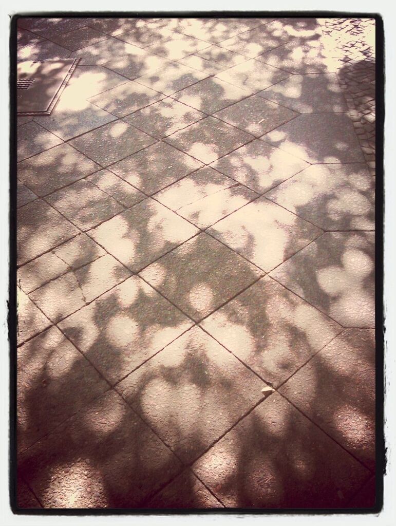 transfer print, auto post production filter, full frame, high angle view, backgrounds, shadow, pattern, sunlight, day, outdoors, tiled floor, reflection, no people, paving stone, street, textured, footpath, wet, cobblestone, water