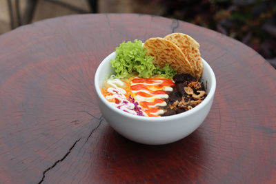 High angle view of salad in bowl on table