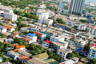 High angle view of buildings in city