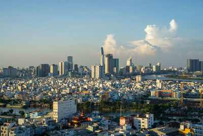 View of bitexco financial tower from district 7 of ho chi minh city, vietnam