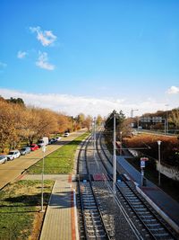 Train on railroad track against sky