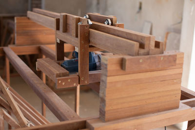 High angle view of chairs on table