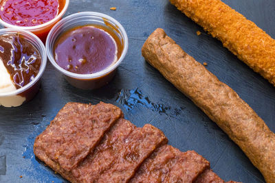 High angle view of breakfast on table