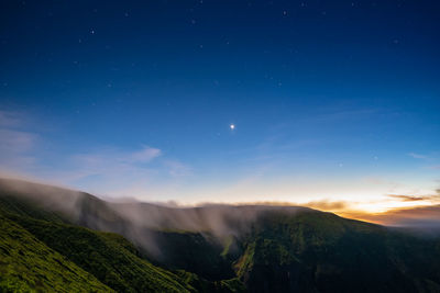 Scenic view of mountains against sky at dusk