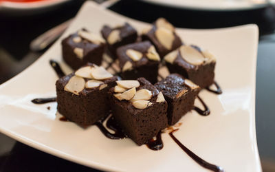 High angle view of chocolate cake in plate