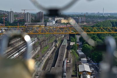 High angle view of train in city