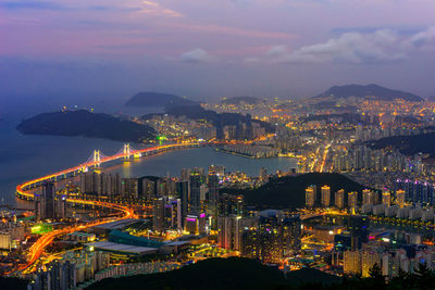 High angle view of city by sea against sky during sunset