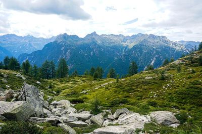 View from the corte della sassina alp to the pizzo di röd mountain range, switzerland