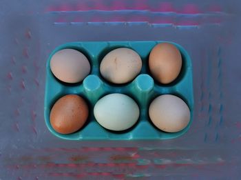 High angle view of eggs in container