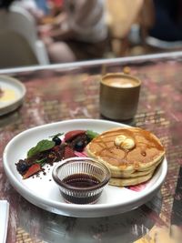 High angle view of cake in plate on table