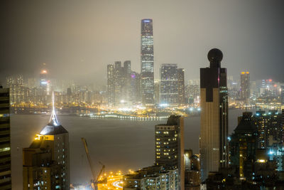 Illuminated buildings in city at night