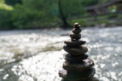 Close-up of stone stack on rock