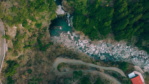 High angle view of winding road amidst trees