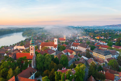Aerial view about the belgrade serbian orthodox cathedral and st. john's parish church in szentendre