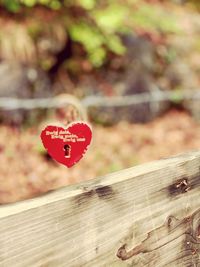 Close-up of red heart shape on wood