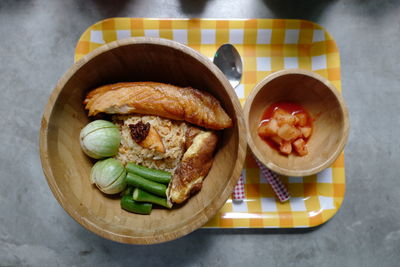 High angle view of food in container on table