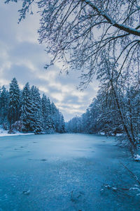 Scenic view of snow covered land against sky