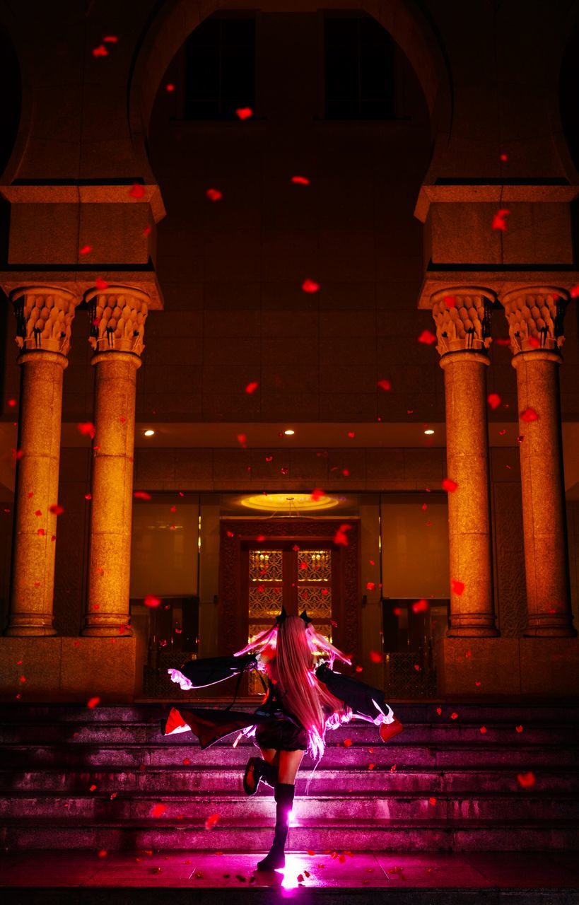 indoors, red, built structure, architecture, no people, night, statue