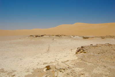 Scenic view of desert against clear blue sky