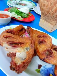 High angle view of breakfast served on table