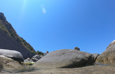 Scenic view of rocks against clear blue sky