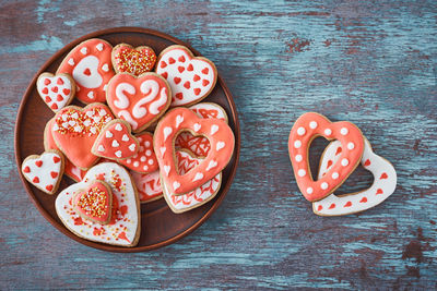 High angle view of cookies on table