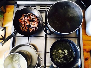 High angle view of meat in cooking pan