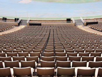 High angle view of empty chairs in stadium