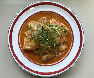 High angle view of soup in bowl on table