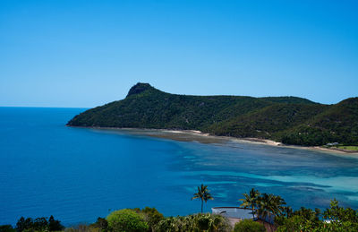 Scenic view of sea against clear blue sky