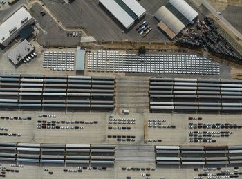 Aerial view of vehicles in factory