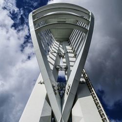 Low angle view of modern building against cloudy sky