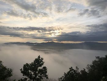 Scenic view of mountains against sky during sunset