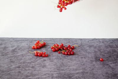 Red berries on table against white background