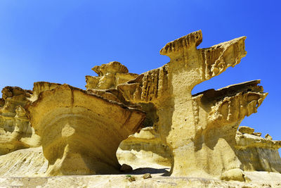 Low angle view of rock formation against clear blue sky