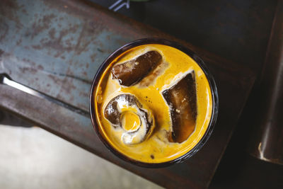 High angle view of drink on table