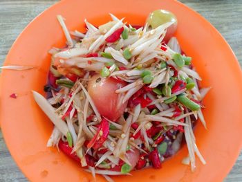 High angle view of salad in plate on table