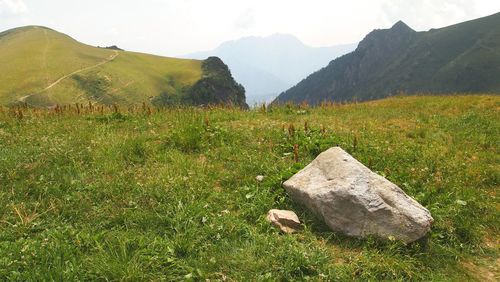 Scenic view of field and mountains against sky