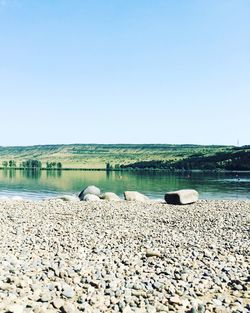 Scenic view of sea against clear blue sky