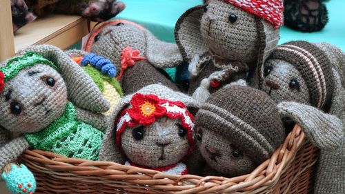 High angle view of toys in basket